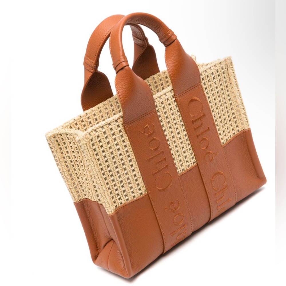 Brand New Chloé small Woody tote bag (caramel brown leather woven raffia design)